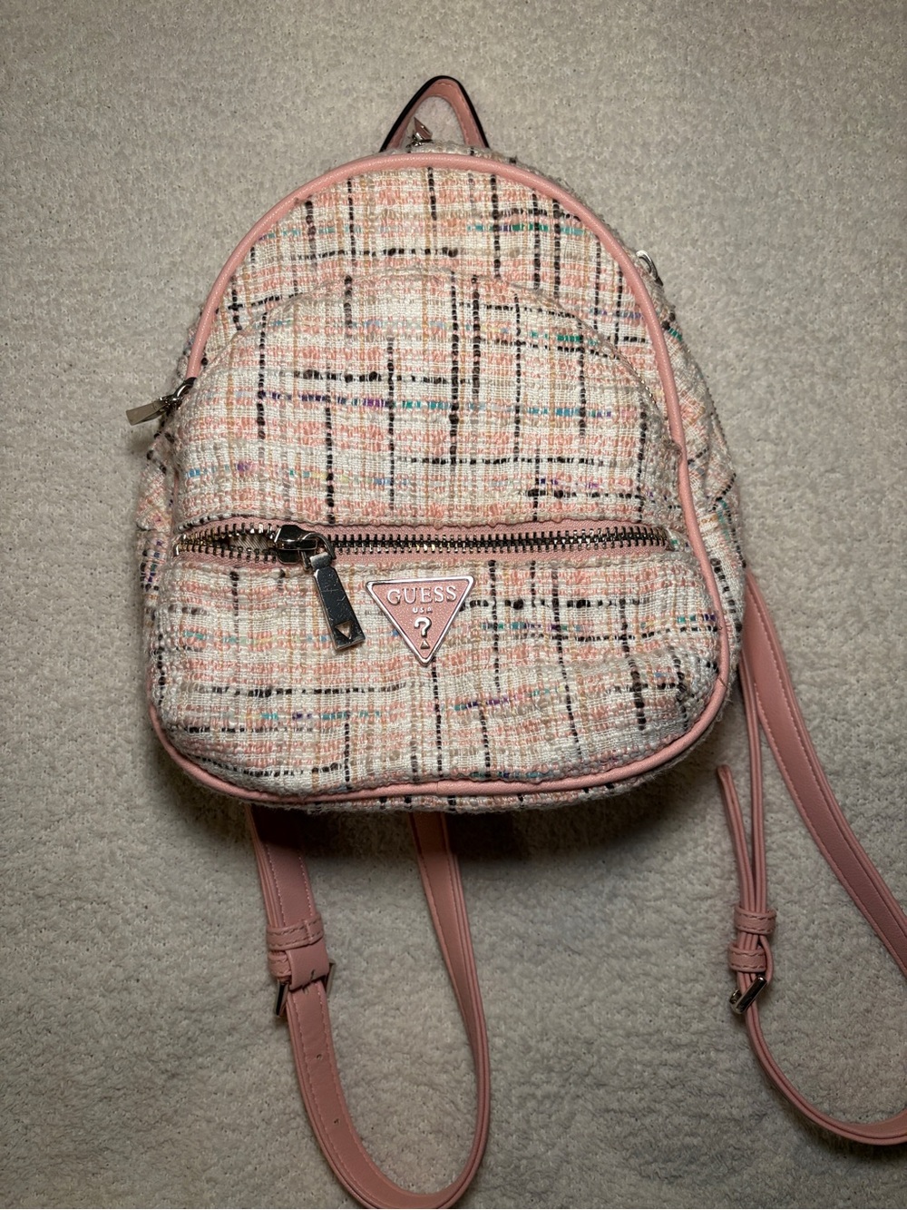 GUESS Pink Tweed Mini Backpack with Pastel Accents